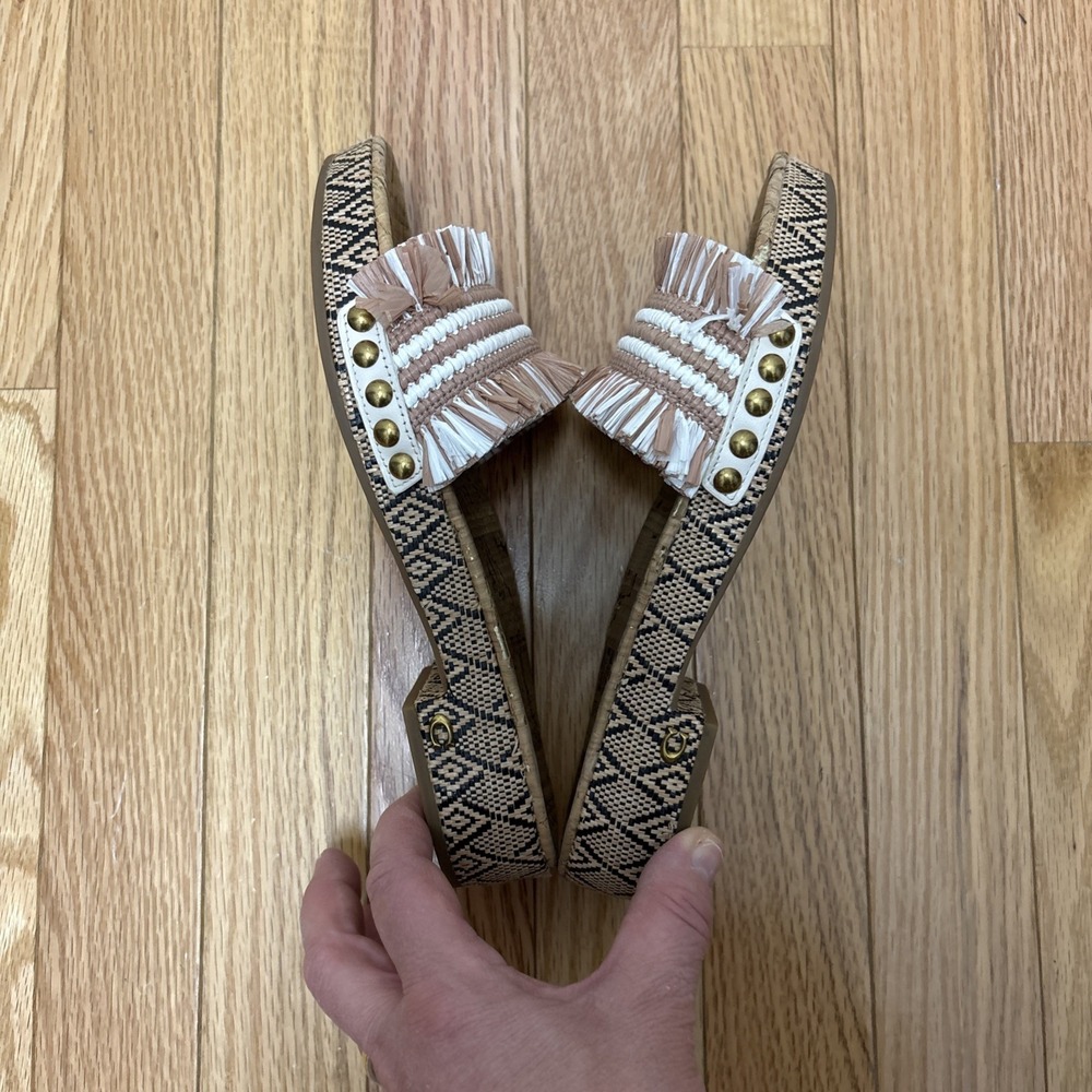 Coach Brayden Raffia Sandals Brown White Fringed Raffia Band & Cork Footbed 6.5 - Picture 5 of 6